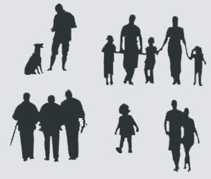 Grafik zeigt beispielhaft Menschen als kleine schwarze Silhoutten: Familie, mit Hund, ein Paar, ältere Person wird gestützt