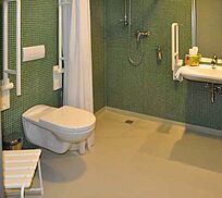 Kontrastierend gestaltete barrierefreie Toilette (grüne Wände, weiße Sanitärgegenstände, beigefarbener Fußboden), Schloss Ettersburg