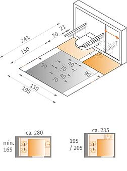 Bewegungsflächen bei verschiebbarer Toilette von mindestens 195 cm mal 241 cm. Die Wandtiefe der Sonderkonstruktion muss berücksichtigt werden.