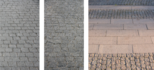 Gesägtes (links) und bruchraues Pflaster (Mitte), beispielhafte Wegezonierung aus Natursteinpflaster und Plattenbelag (rechts)